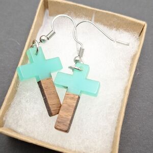 Turquoise and Wood Cross Earrings